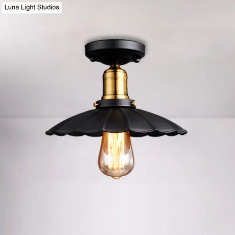 Retro Scalloped Edge Ceiling Light Fixture - Stylish 1 - Bulb Semi Flush In Metallic Black/White