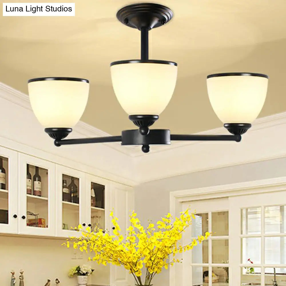 Retro Semi Flush Mount Metallic Ceiling Light With Black Finish And Bell Cream Glass Shade For