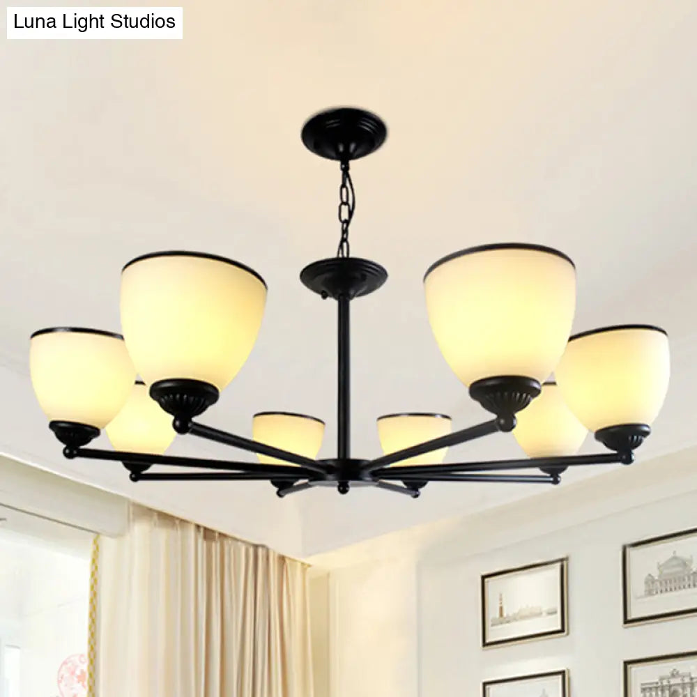 Retro Semi Flush Mount Metallic Ceiling Light With Black Finish And Bell Cream Glass Shade For