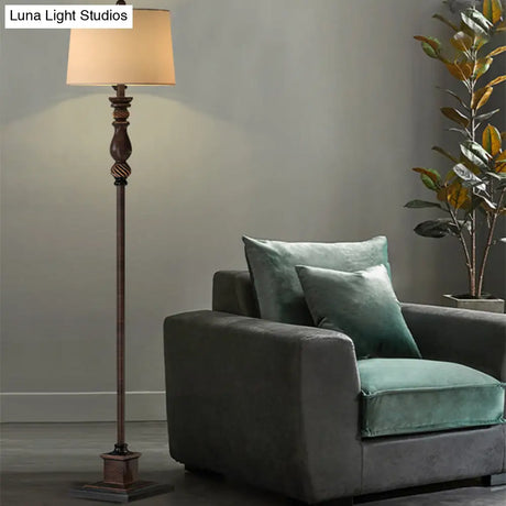 Retro Style 1-Head Resin Reading Floor Lamp - Brown Carved Design With Fabric Shade For Study Room