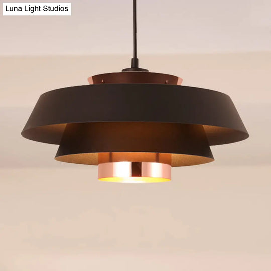 Retro Style 1-Light Metal 3-Tier Black Drum Shade Ceiling Fixture - Ideal For Restaurants