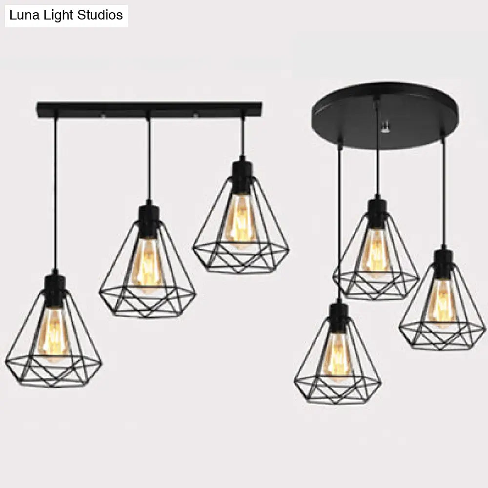 Retro Style 3-Headed Metallic Wire Frame Hanging Lamp With Diamond Shade - Indoor Ceiling Light In