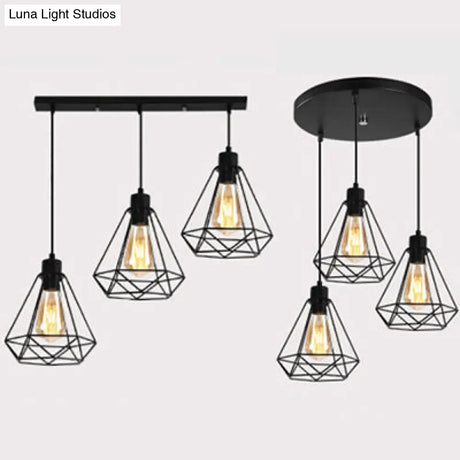 Retro Style 3-Headed Metallic Wire Frame Hanging Lamp With Diamond Shade - Indoor Ceiling Light In