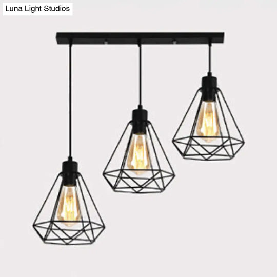 Metallic Wire Frame Hanging Lamp - Retro Style 3 Heads Black Indoor Ceiling Light With Diamond Shade
