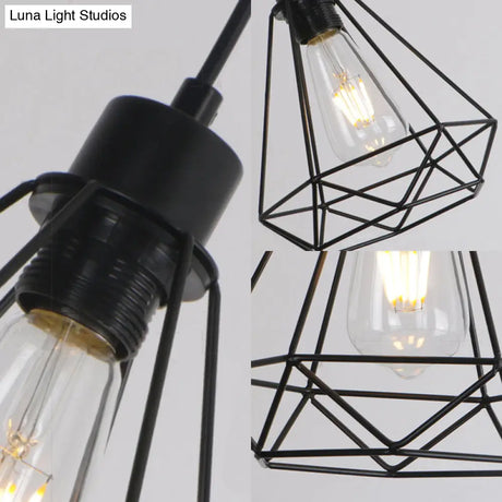 Retro Style 3-Headed Metallic Wire Frame Hanging Lamp With Diamond Shade - Indoor Ceiling Light In