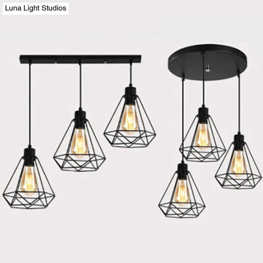 Metallic Wire Frame Hanging Lamp - Retro Style 3 Heads Black Indoor Ceiling Light With Diamond Shade