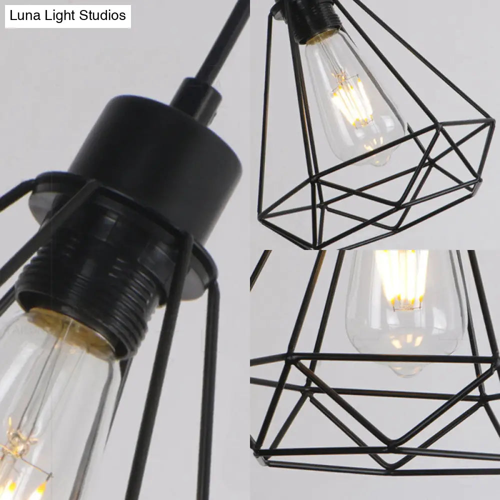 Metallic Wire Frame Hanging Lamp - Retro Style 3 Heads Black Indoor Ceiling Light With Diamond Shade