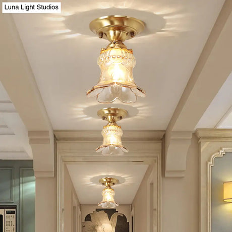 Retro Style Amber Glass Flush Mount Lamp: Single Light Ceiling Fixture With Brass Accents