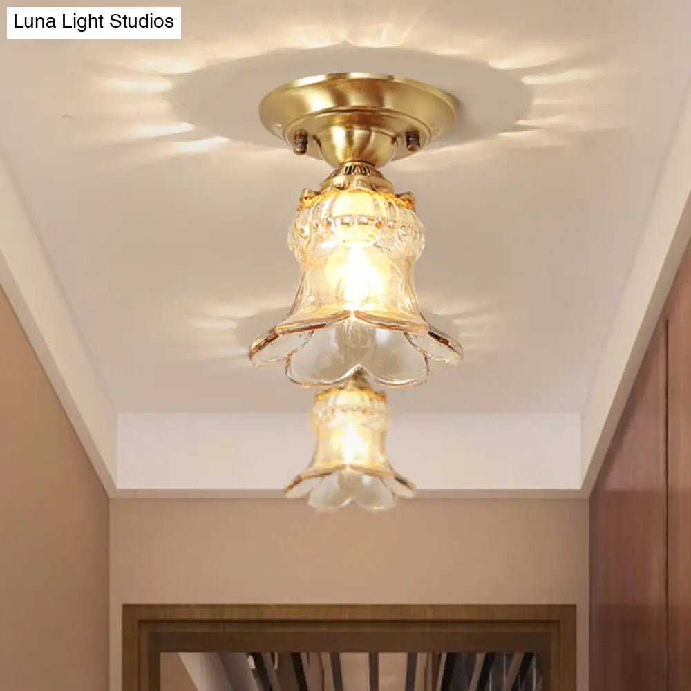 Retro Style Amber Glass Flush Mount Lamp: Single Light Ceiling Fixture With Brass Accents