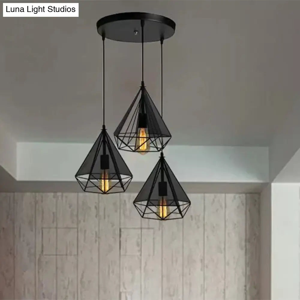 Retro-Style Black Diamond Hanging Light With 3 Metallic Heads - Dining Room Pendant Lighting