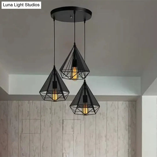 Retro-Style Black Diamond Hanging Light With 3 Metallic Heads - Dining Room Pendant Lighting