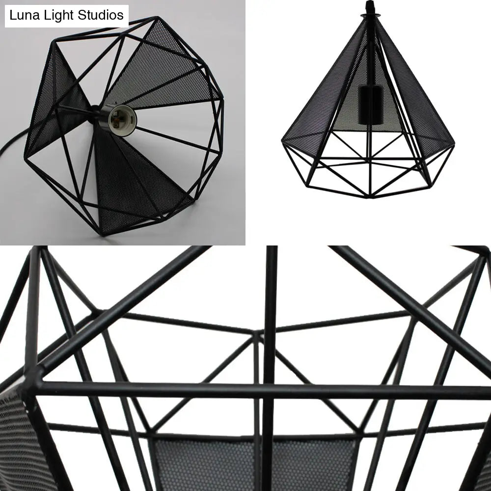Retro Style Black Diamond Cage Pendant Light With 3 Metallic Heads For Dining Rooms - Round/Linear