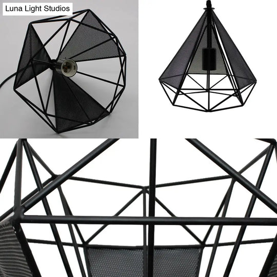 Retro Style Black Diamond Cage Pendant Light With 3 Metallic Heads For Dining Rooms - Round/Linear