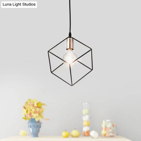 Retro-Style Black Metal Cage Ceiling Fixture For Living Room With 1 Squared Light