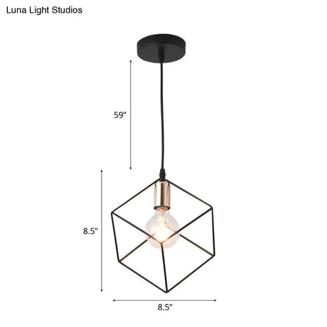 Retro-Style Black Metal Cage Ceiling Fixture For Living Room With 1 Squared Light