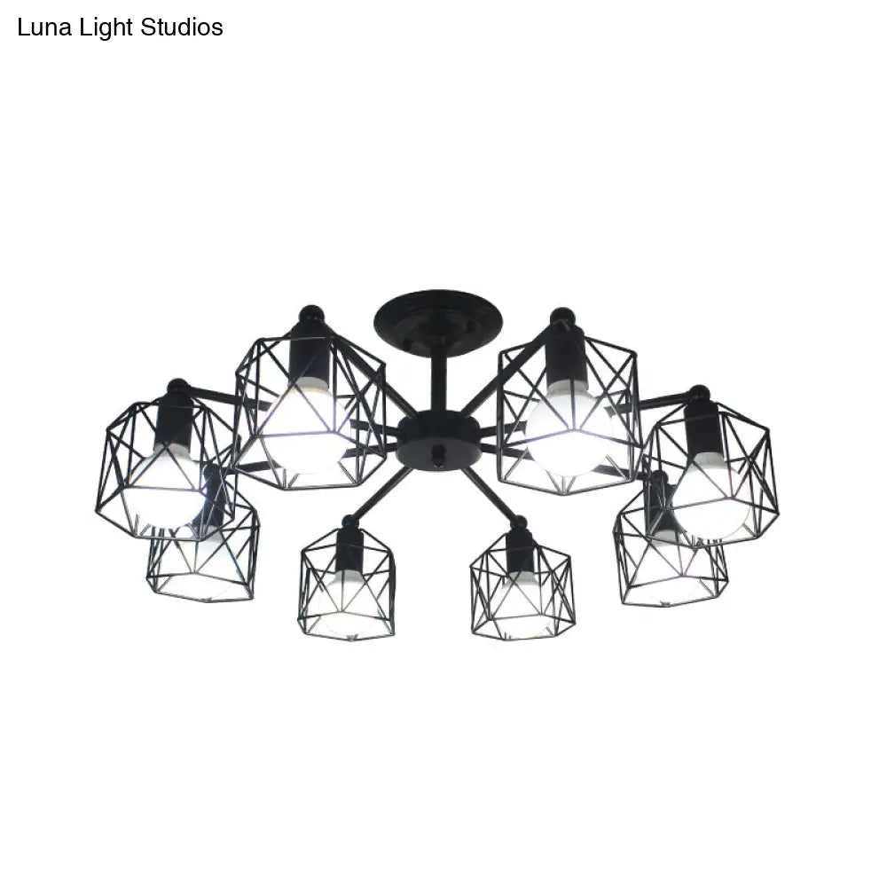 Retro Style Black Metal Semi Flush Pendant Light With Global Cage Shade For Living Room - 6/8