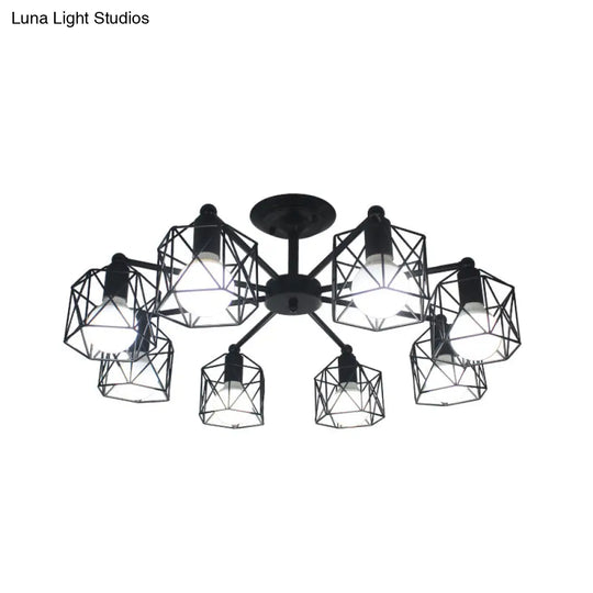 Retro Style Black Metal Semi Flush Pendant Light With Global Cage Shade For Living Room - 6/8