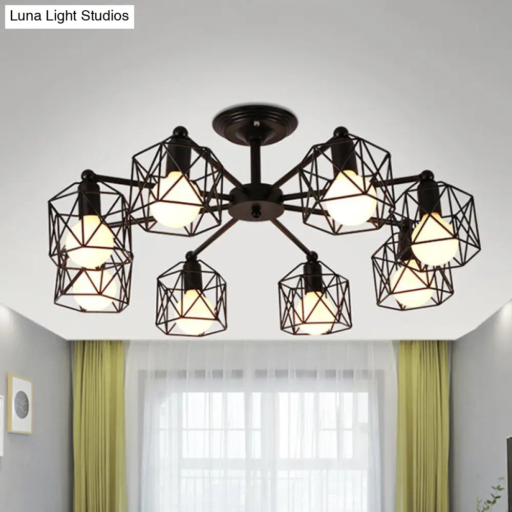 Retro Style Black Metal Semi Flush Pendant Light With Global Cage Shade For Living Room - 6/8 Lights