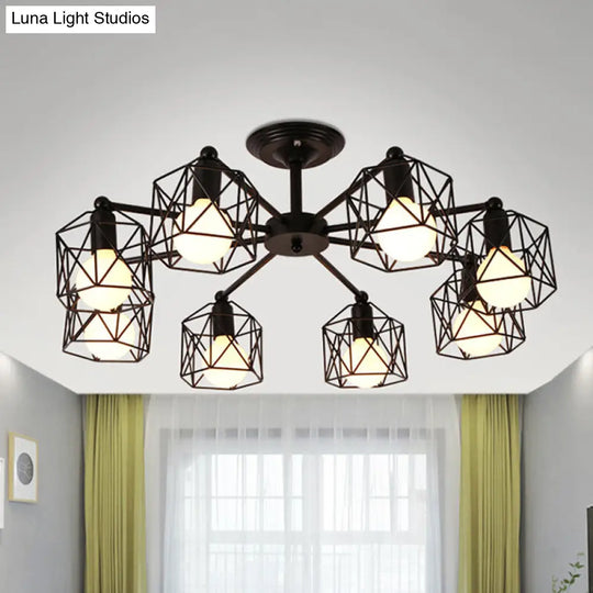 Retro Style Black Metal Semi Flush Pendant Light With Global Cage Shade For Living Room - 6/8 Lights