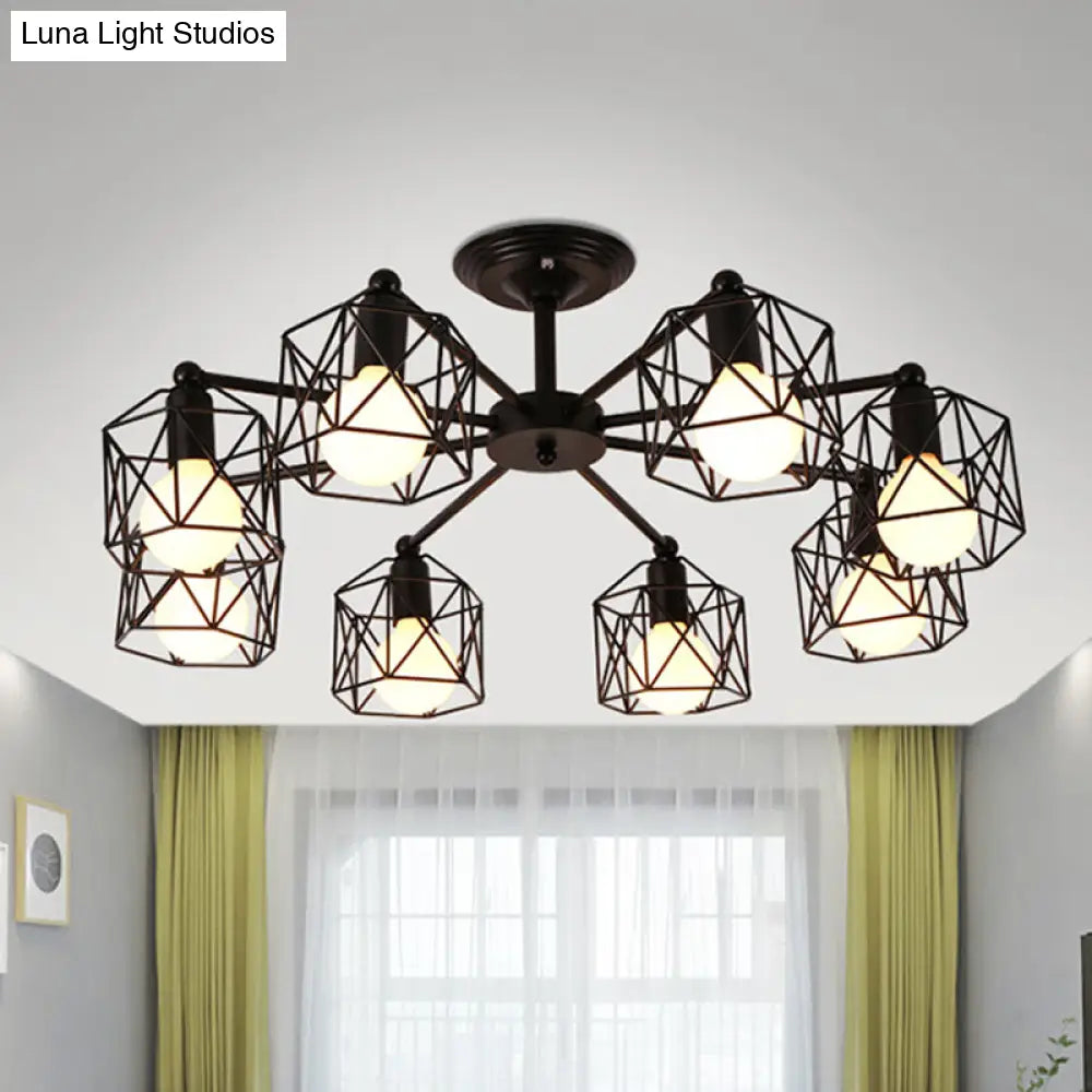 Retro Style Black Metal Semi Flush Pendant Light With Global Cage Shade For Living Room - 6/8