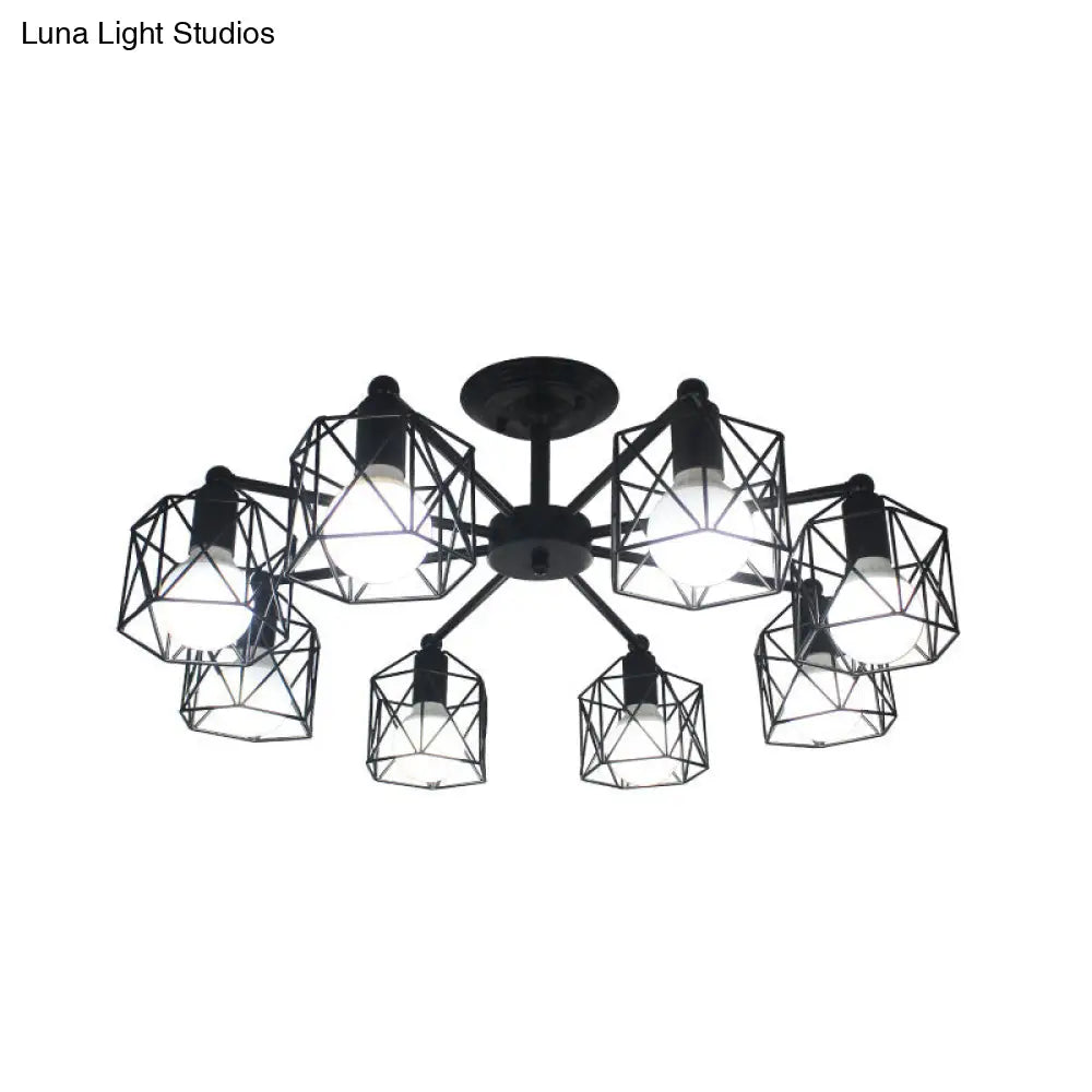 Retro Style Black Metal Semi Flush Pendant Light With Global Cage Shade For Living Room - 6/8 Lights