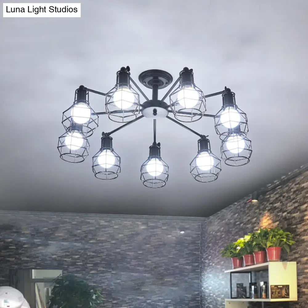 Retro Style Black Metal Semi Flush Pendant Light With Global Cage Shade For Living Room - 6/8 Lights