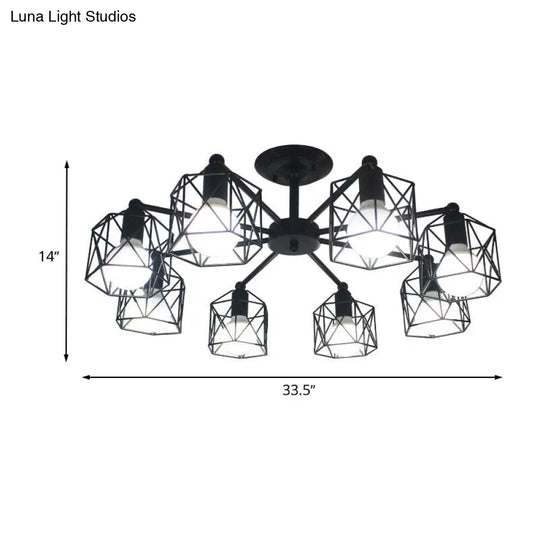 Retro Style Black Metal Semi Flush Pendant Light With Global Cage Shade For Living Room - 6/8 Lights
