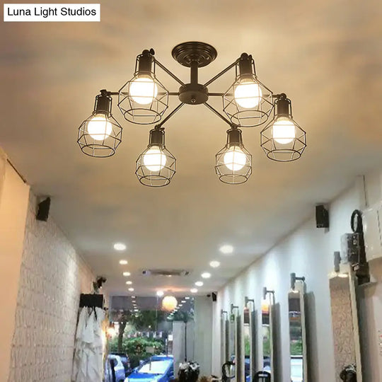 Retro Style Black Metal Semi Flush Pendant Light With Global Cage Shade For Living Room - 6/8 Lights