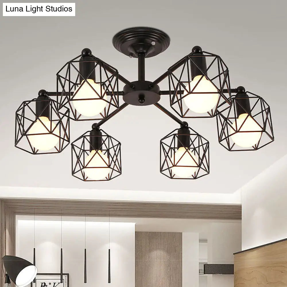 Retro Style Black Metal Semi Flush Pendant Light With Global Cage Shade For Living Room - 6/8 Lights