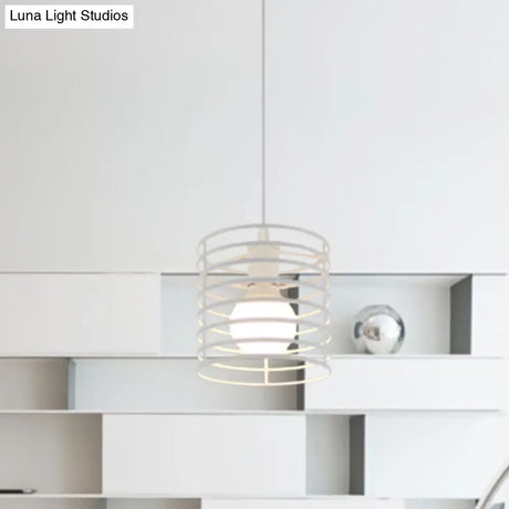 Retro Style Black/White Cylinder Cage Pendant Ceiling Lamp - Adjustable Height Indoor Metal Hanging
