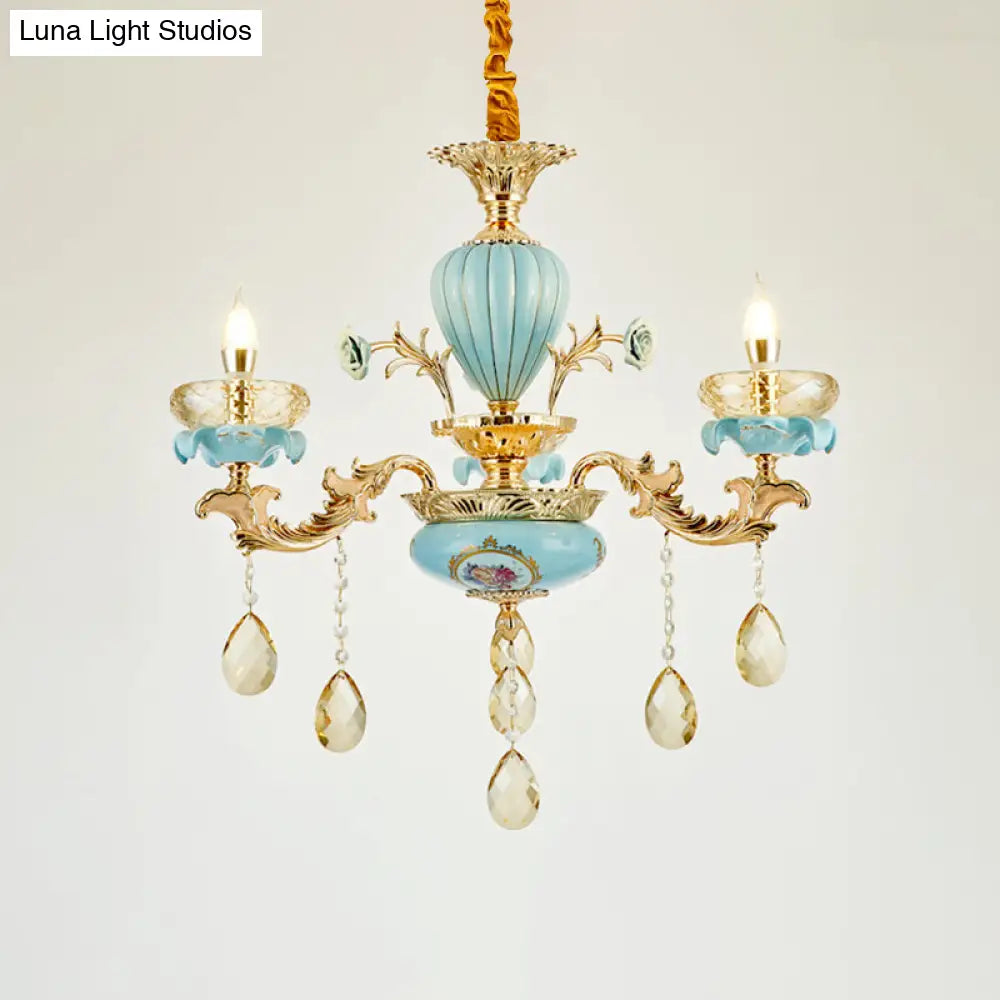 Retro Style Blue Suspension Light With Crystal Facets - Living Room Chandelier