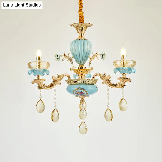 Retro Style Blue Suspension Light With Crystal Facets - Living Room Chandelier