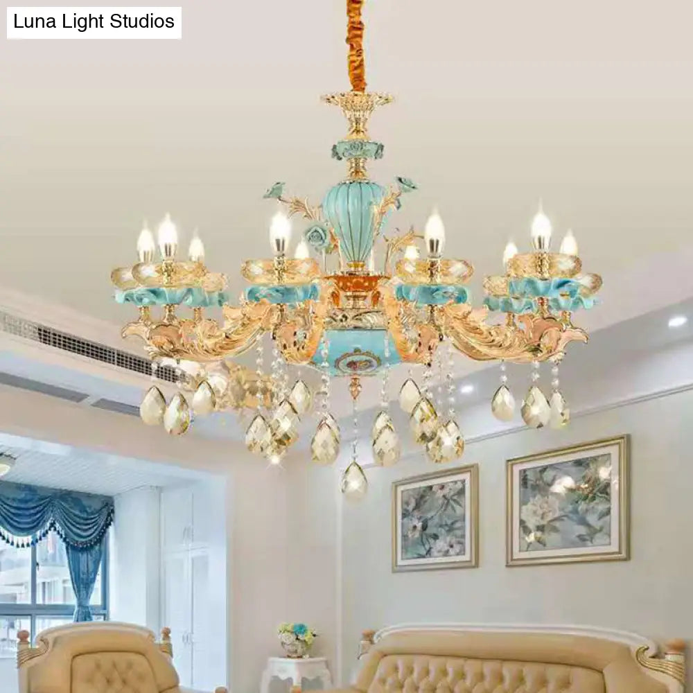 Retro Style Blue Suspension Light With Crystal Facets - Living Room Chandelier