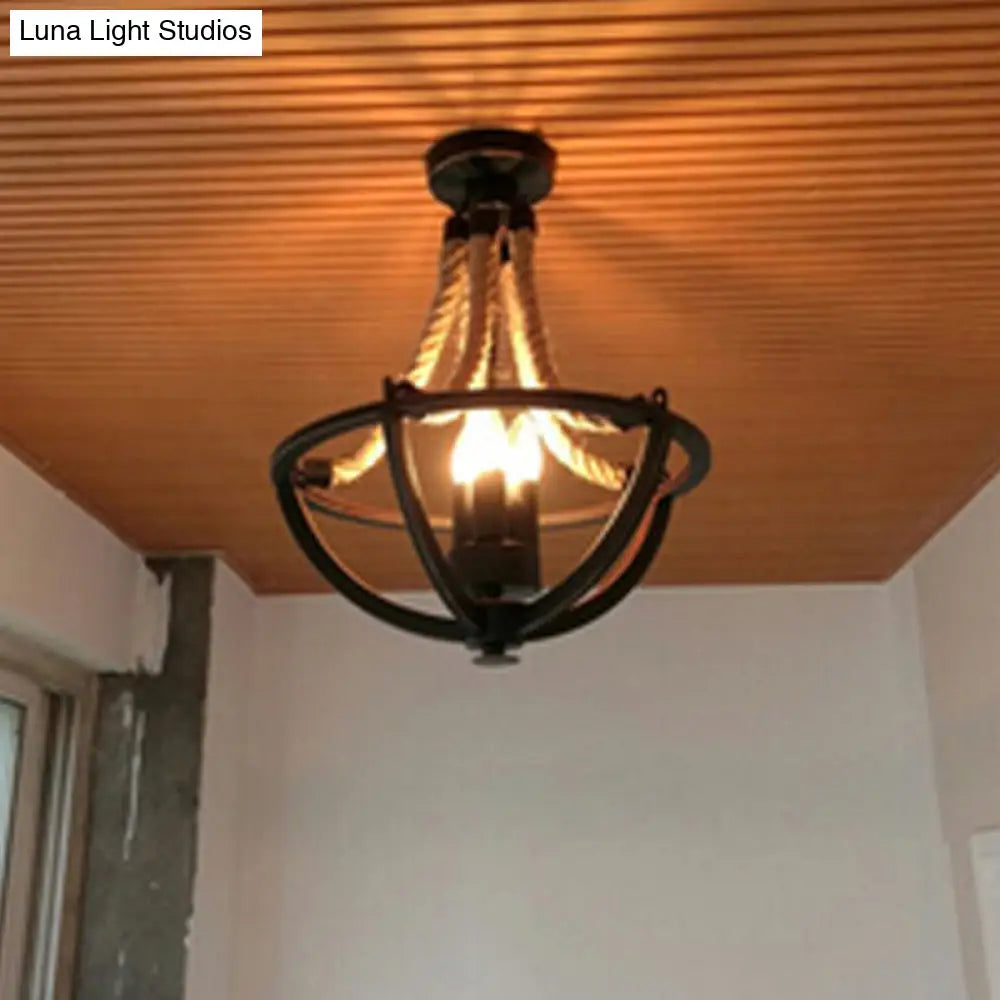 Retro-Style Chandelier Pendant Light With Hemp Rope And Iron Basket - Set Of 3 Bulbs