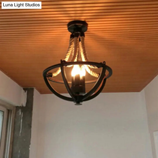 Retro-Style Chandelier Pendant Light With Hemp Rope And Iron Basket - Set Of 3 Bulbs