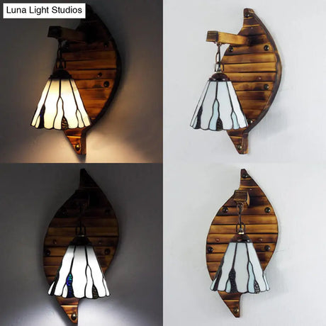 Retro Style Cone Wall Sconce Lamp With Colorful Stained Glass In White/Light Blue/Orange-Red/Yellow