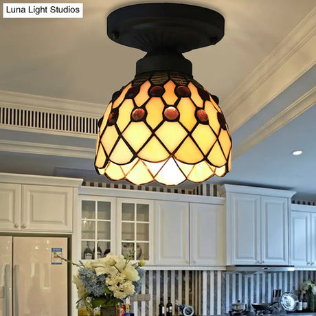 Retro-Style Cup Shade Semi Flush Mount Ceiling Light - Purple/Beige Glass Fixture With Jewel Pattern