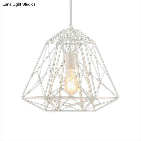 Retro Geometric Cage Ceiling Hanging Light With Metallic Shade In Black/White White