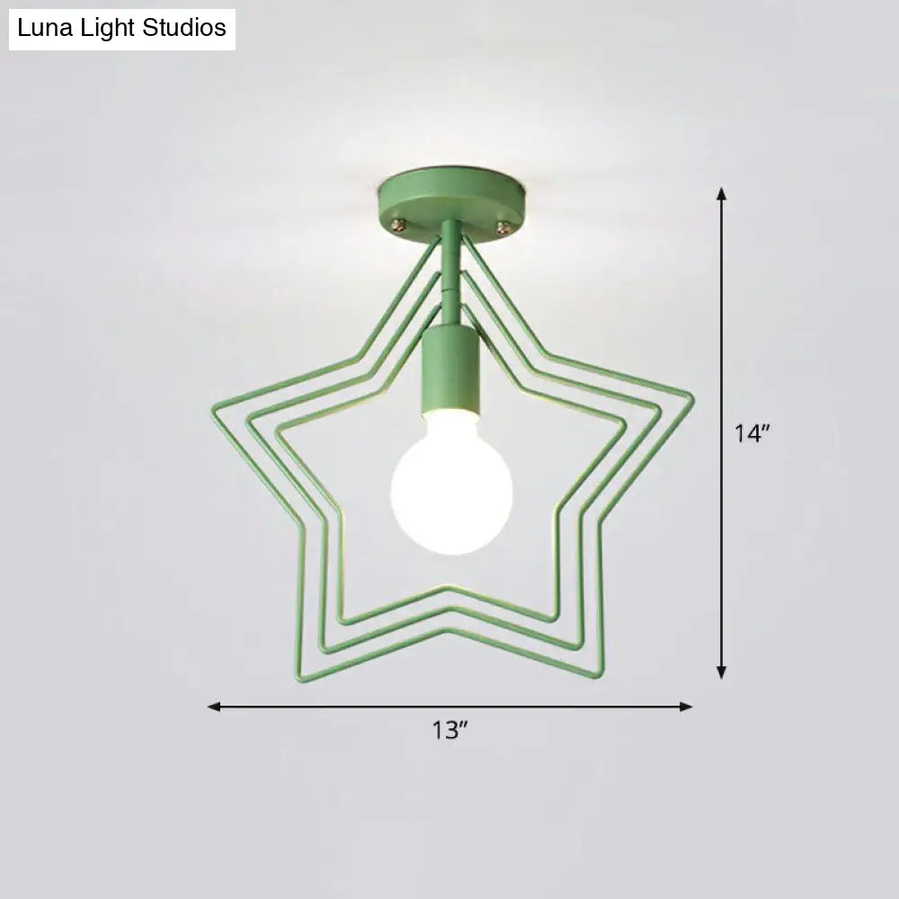 Retro Style Geometric Iron Semi Flush Mount Lighting For Corridor Green / Star