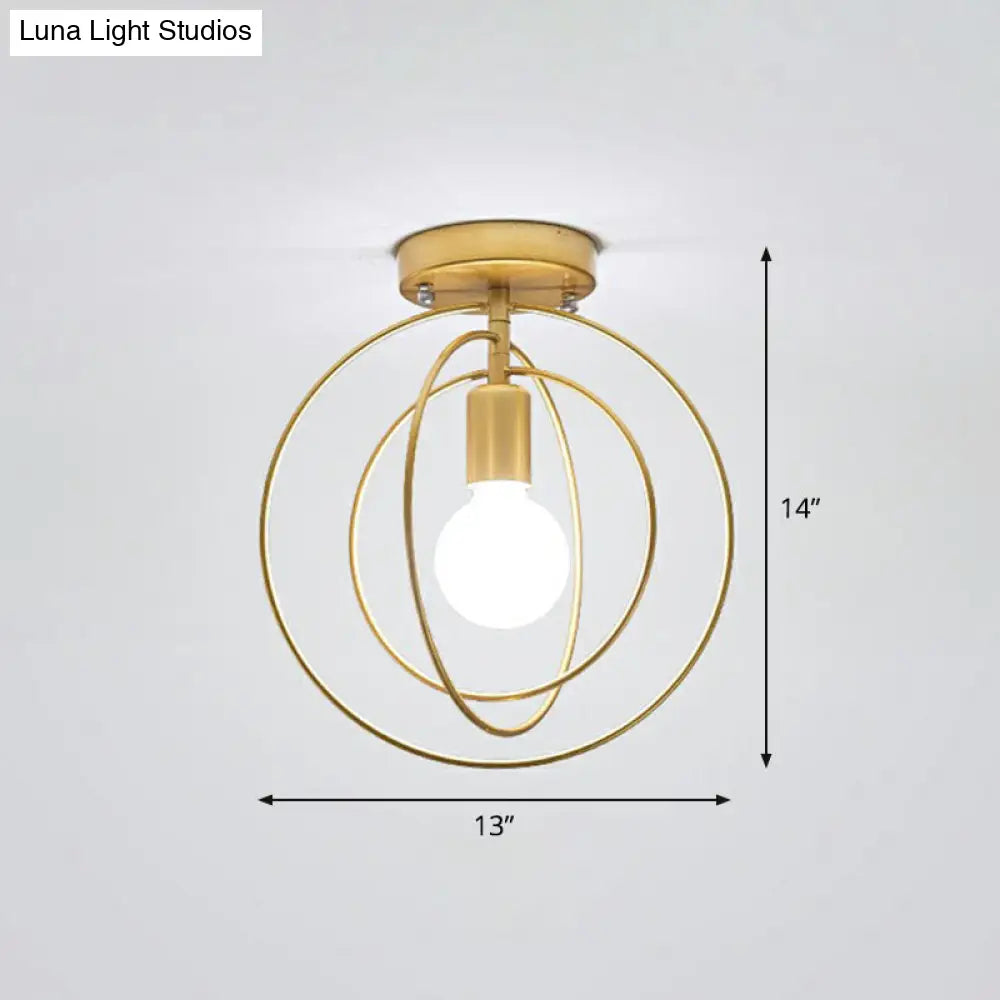 Retro Style Geometric Iron Semi Flush Mount Lighting For Corridor Gold / Round
