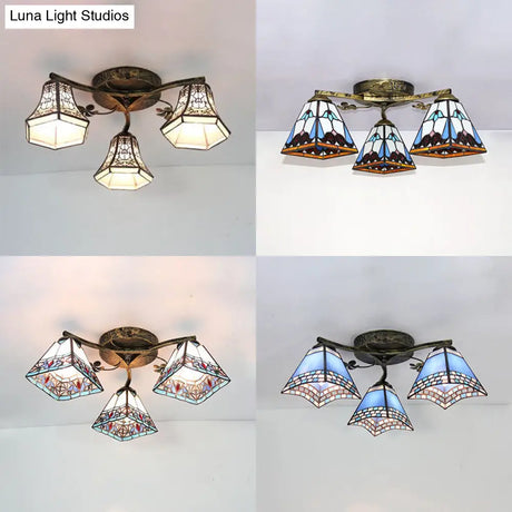 Retro Style Geometric Stained Glass Ceiling Light Fixture - 3 Lights With Wire Mesh And Elegant