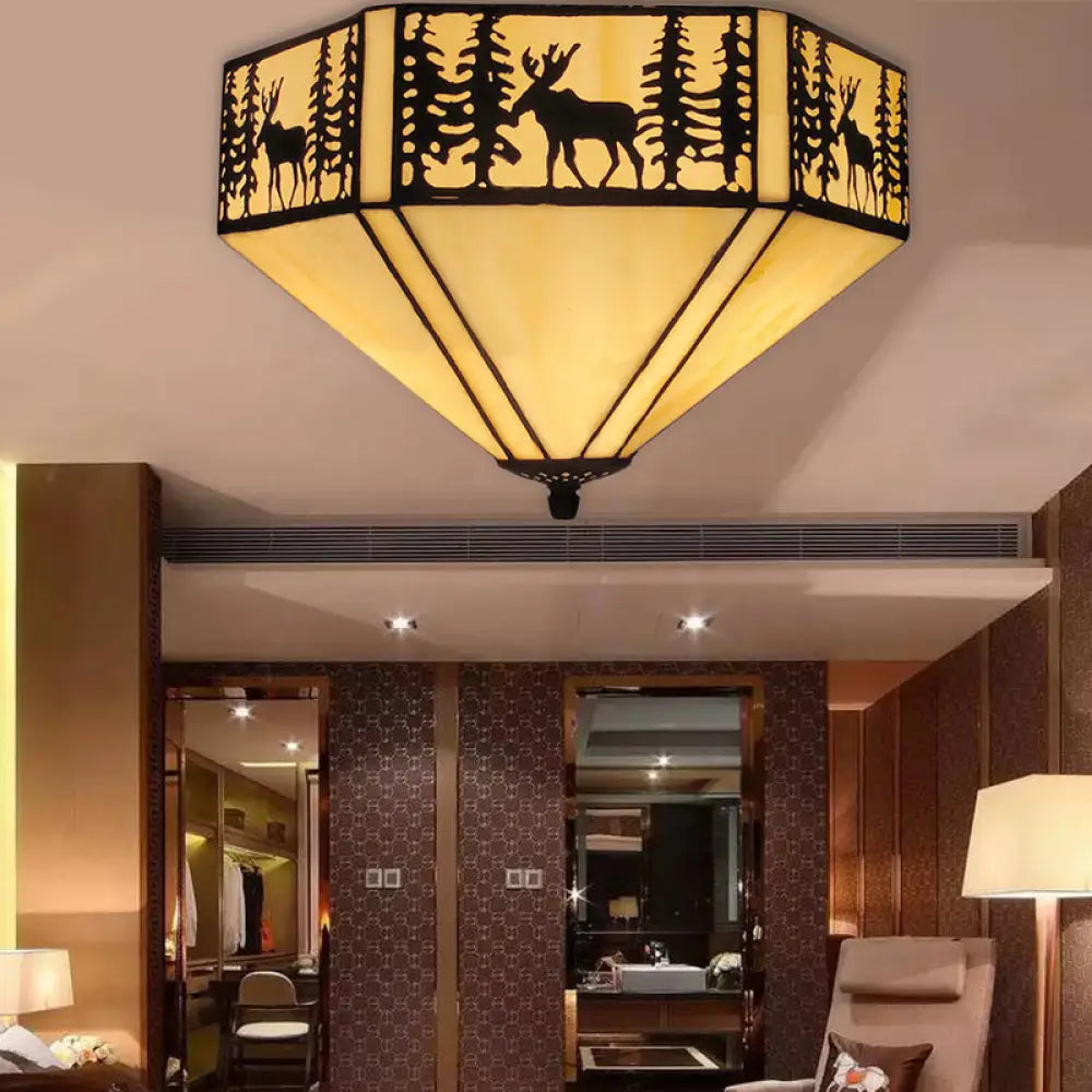 Retro Style Geometric Stained Glass Flush Mount Ceiling Light In White - Elegant 1/2 Flushmount /