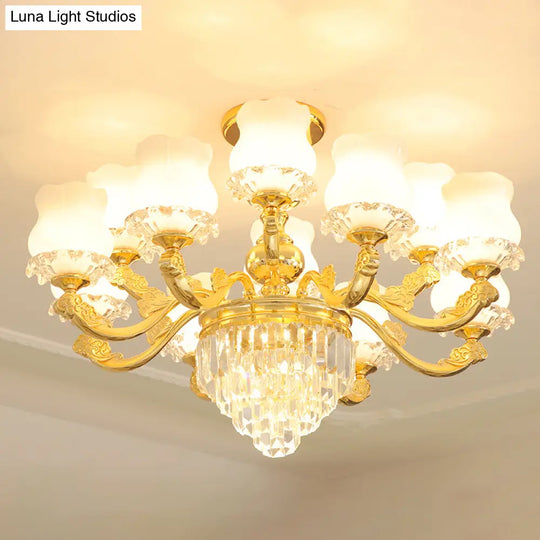 Retro Style Gold Chandelier With Cream Glass & Layered Crystal Accents - Bud Suspension Light