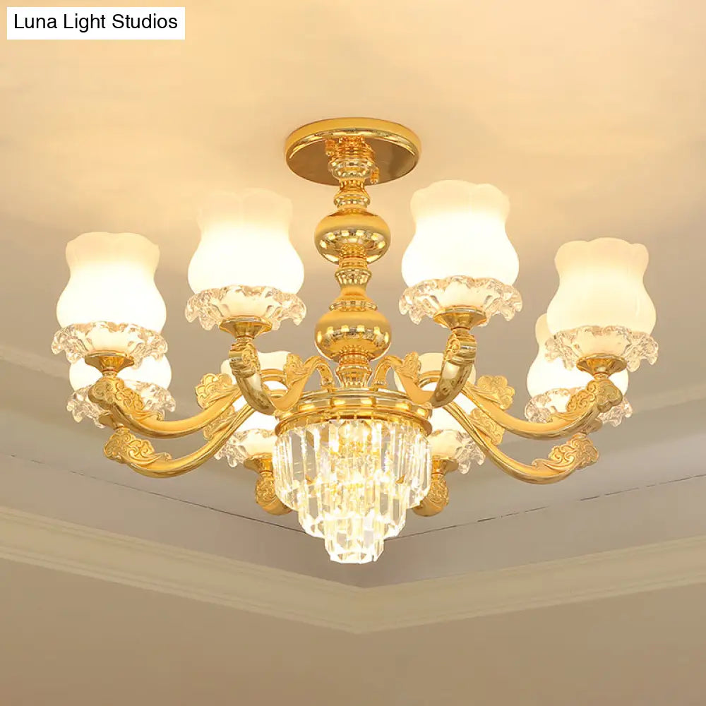 Retro Style Gold Chandelier With Cream Glass & Layered Crystal Accents - Bud Suspension Light
