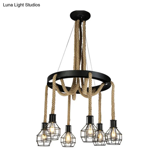 Retro-Style Grenade Ceiling Light With Black Hemp Rope For Restaurants