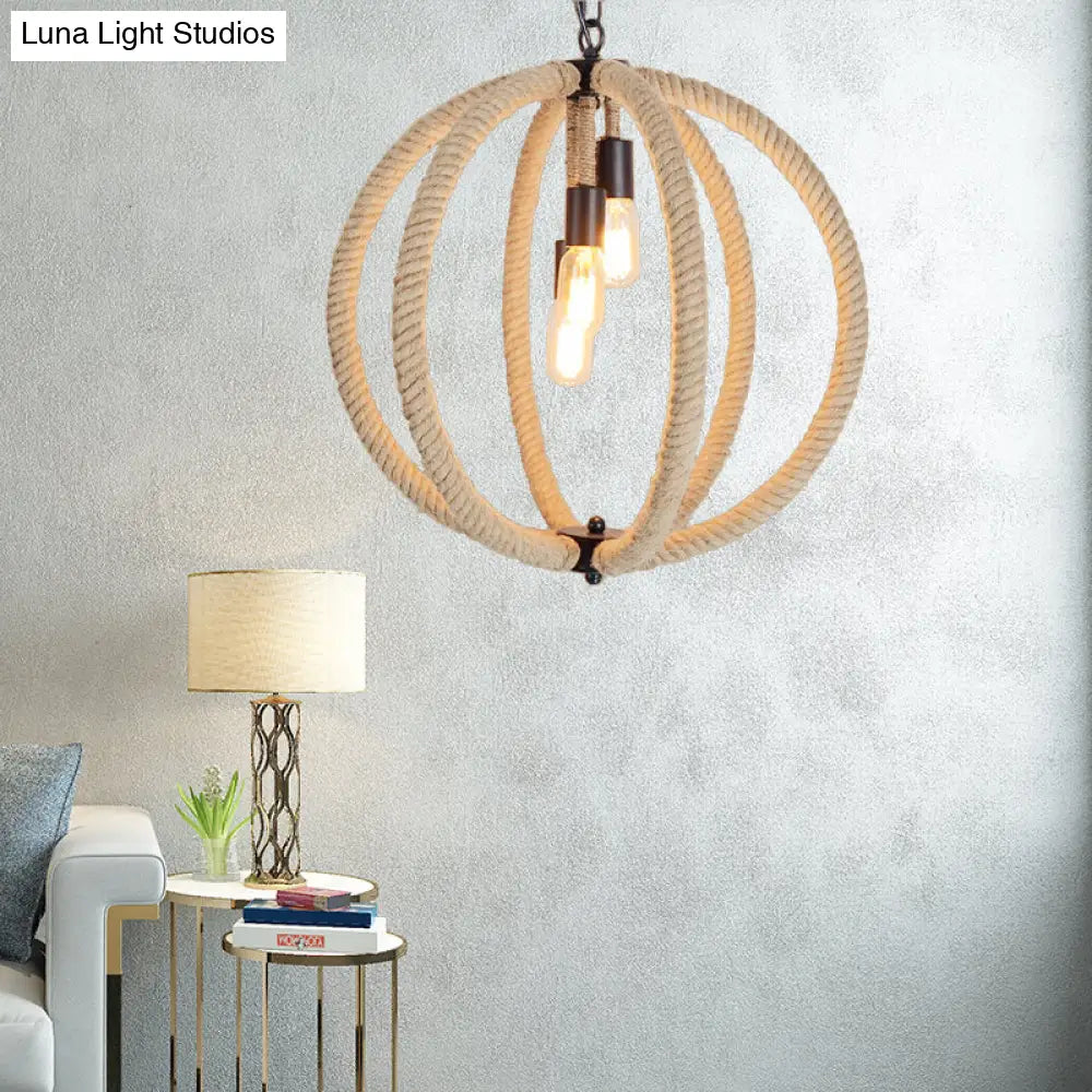 Retro Style Hemp Rope Hallway Chandelier - 3-Light Beige Ceiling Lamp