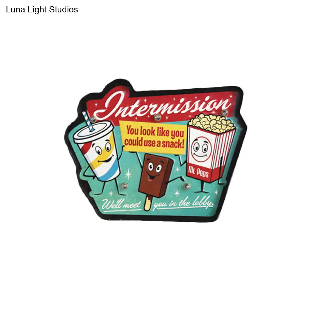 Retro Style Iron Green Led Wall Mounted Lamp - Ice Cream & Popcorn Sign Night Light For Shop