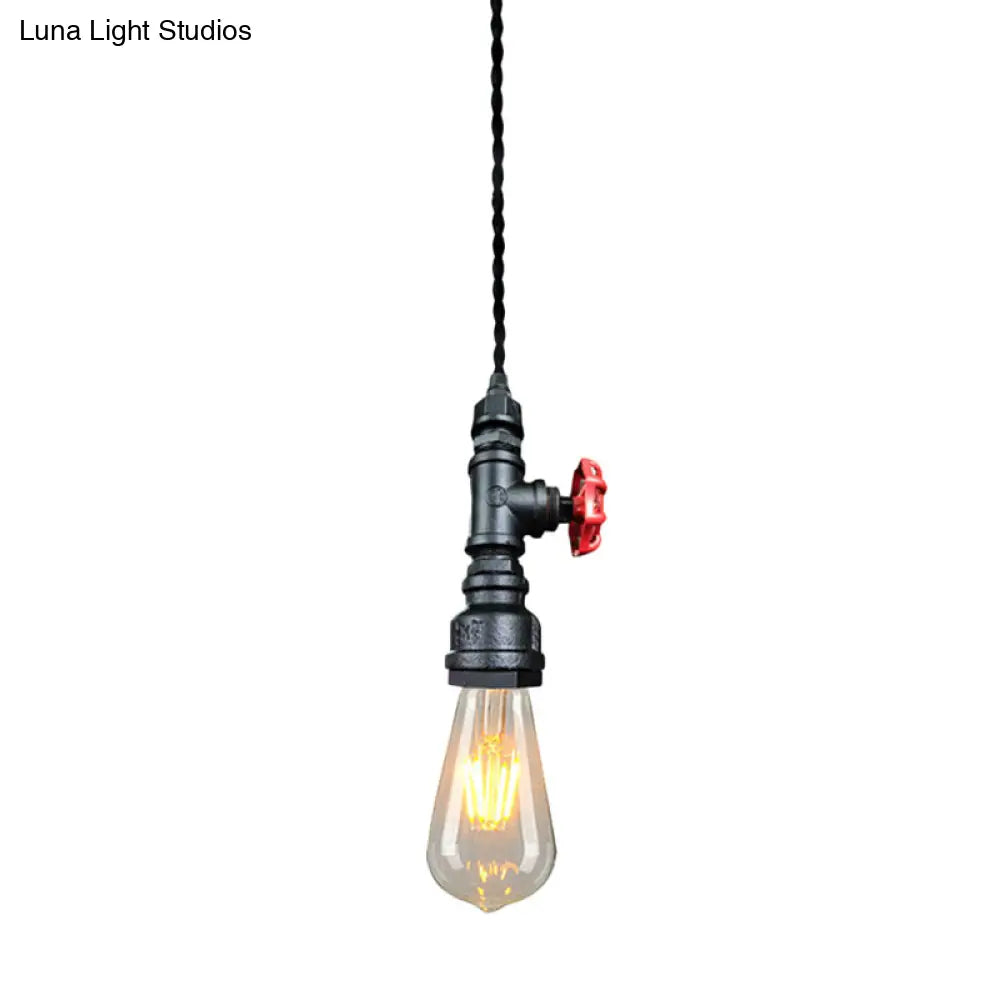 Retro Style Iron Water Valve Pendant Light Fixture With 1 Bulb Bar Suspension Black