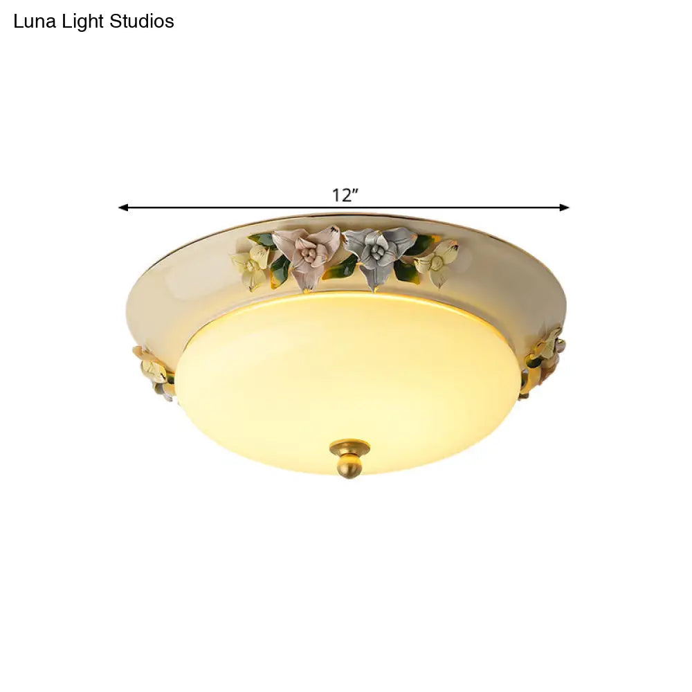 Retro Style Led Ceiling Fixture: 12’/14’ Wide Bowl Shape Milky Glass Flush Mount With Blossom