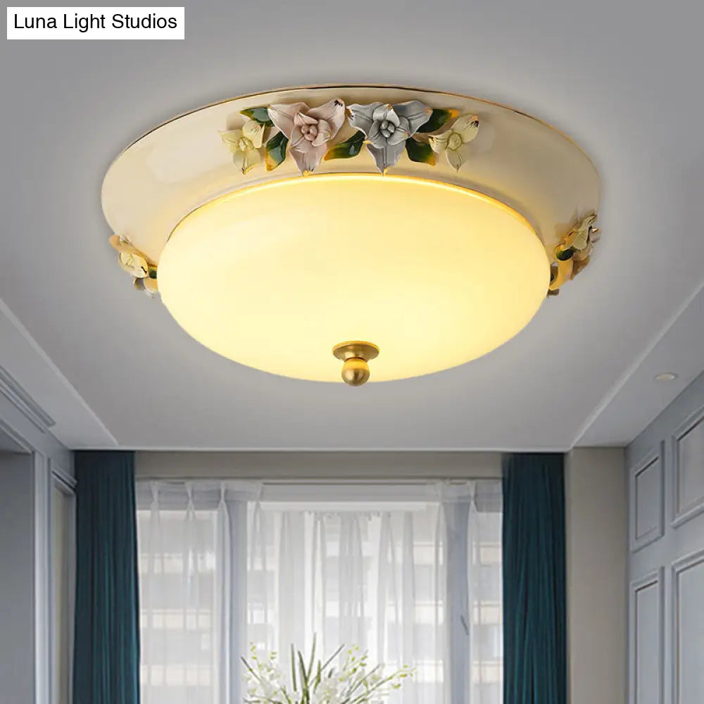 Retro Style Led Ceiling Fixture: 12’/14’ Wide Bowl Shape Milky Glass Flush Mount With Blossom